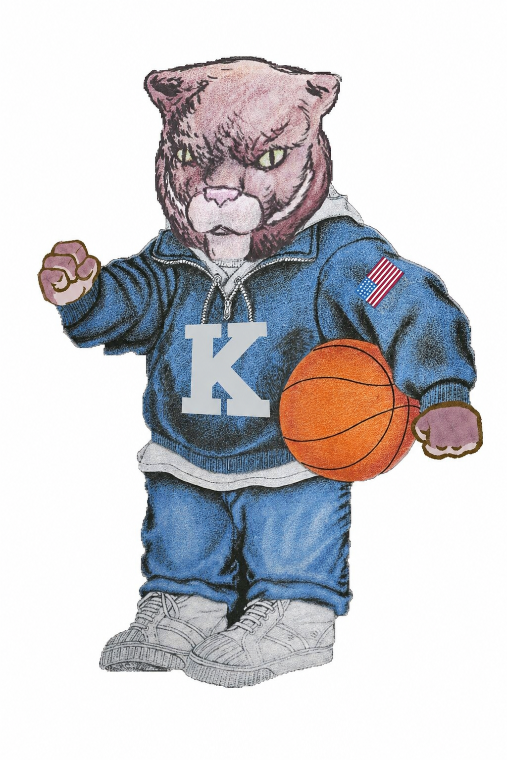 Polo WildKat artwork: a wildcat in a blue K tracksuit holding a basketball.